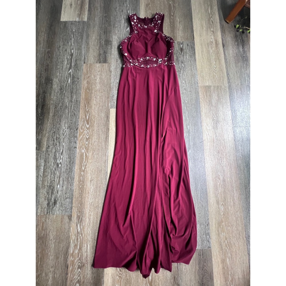 Morgan & Co Evening Gown Womens 5/6 Burgundy Excellent Rhinestone Mesh Cutout
